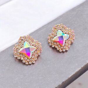 Elegant Aurora Borealis White Crystal Clover Gold Tone Stud Earrings